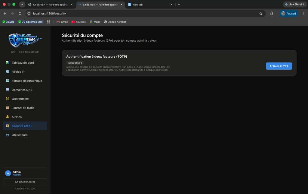 CYBERISK WAF console — 2FA activation screen