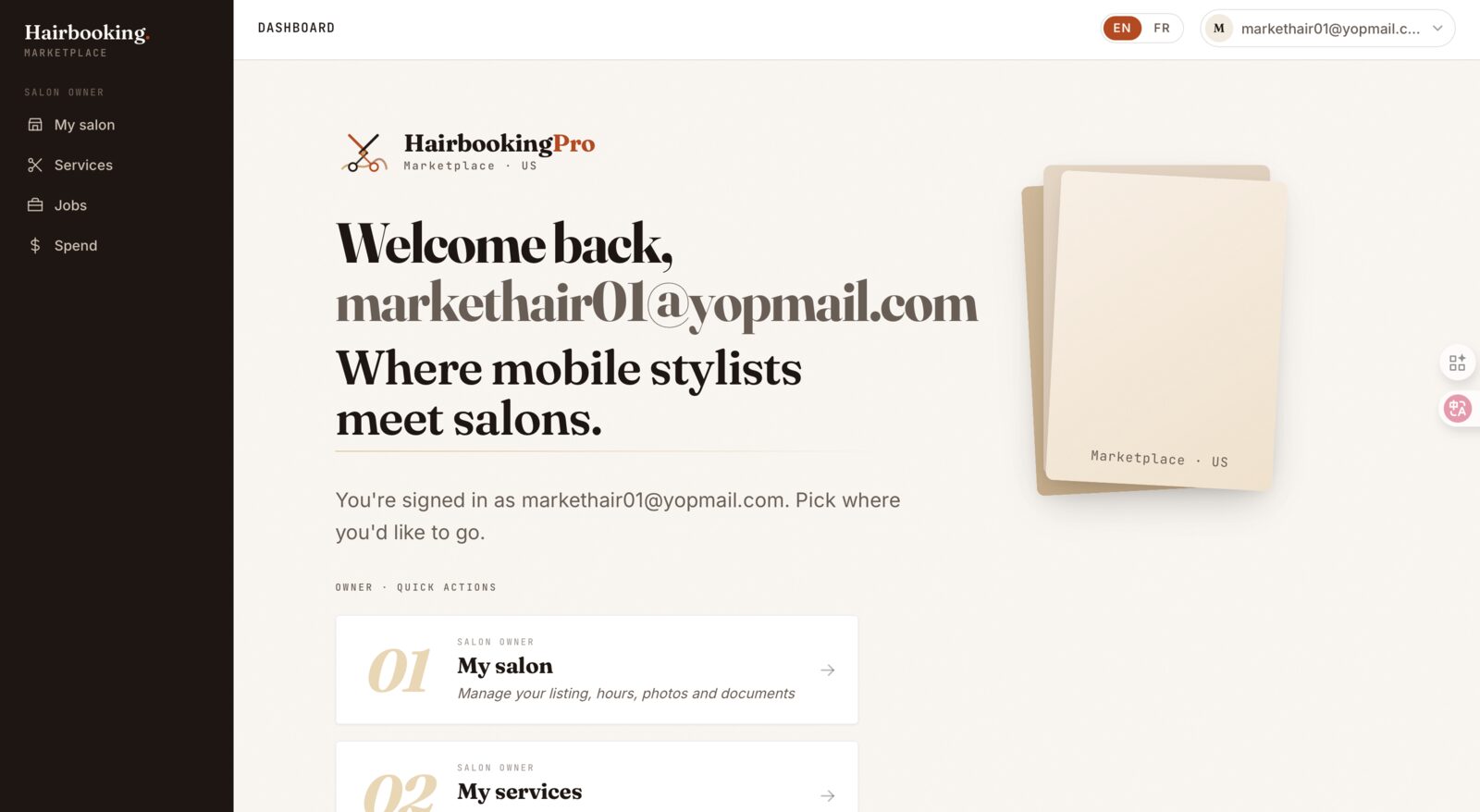 Marketplace.HairBookingPro.com owner dashboard